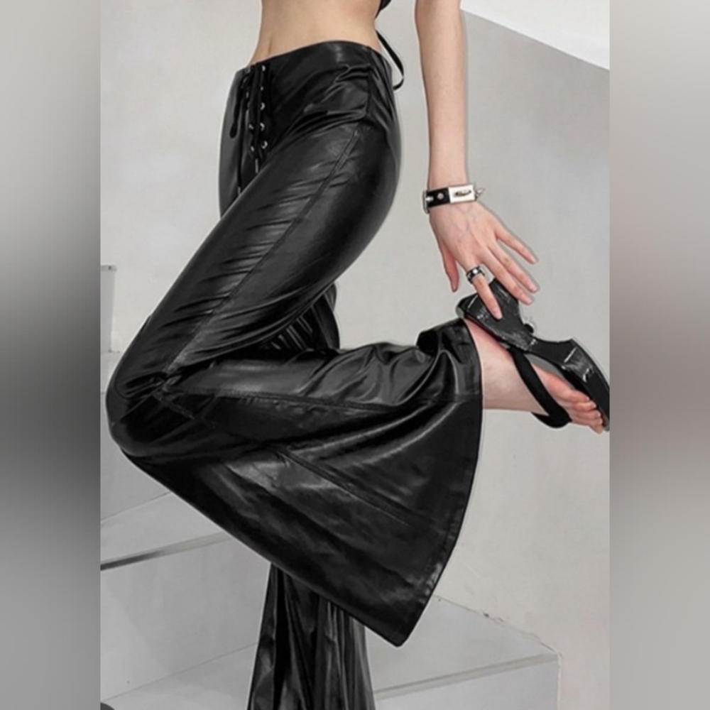Bear Dance Faux Leather Black Lace-Up Flare Pants (Small to Medium)